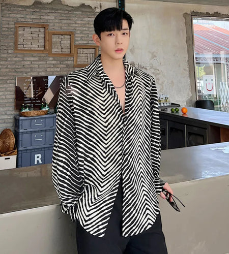 Men's Stripe Shirts New Summer Personalized Trendy Lapel Print Style Korean Male Long Sleeve Casual Shirt Tide 9A7867