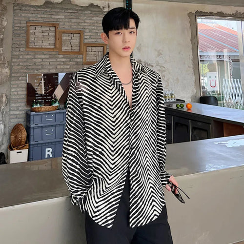 Load image into Gallery viewer, Men&#39;s Stripe Shirts New Summer Personalized Trendy Lapel Print Style Korean Male Long Sleeve Casual Shirt Tide 9A7867

