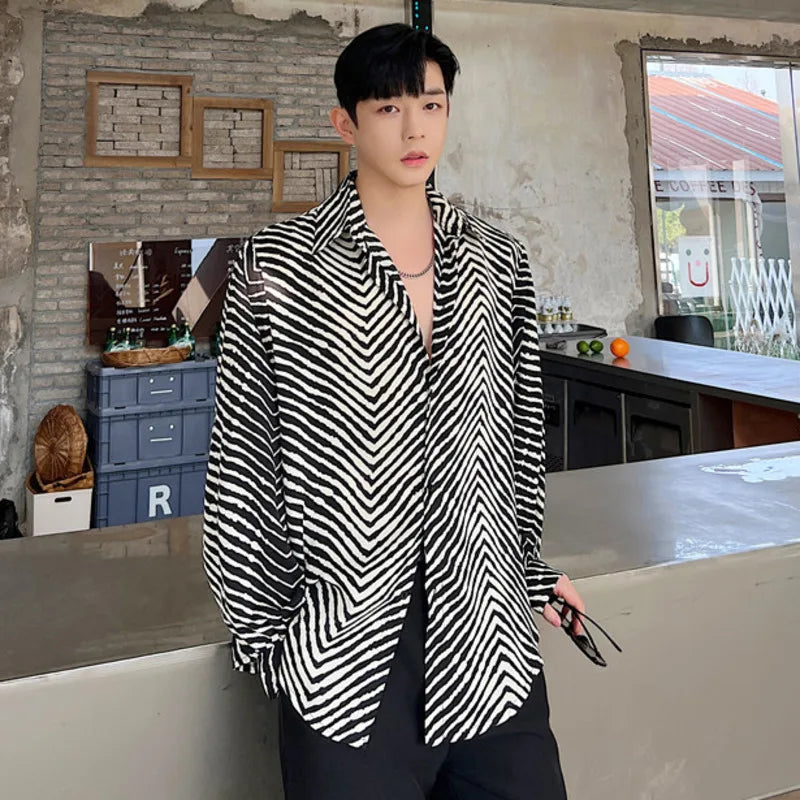 Men's Stripe Shirts New Summer Personalized Trendy Lapel Print Style Korean Male Long Sleeve Casual Shirt Tide 9A7867