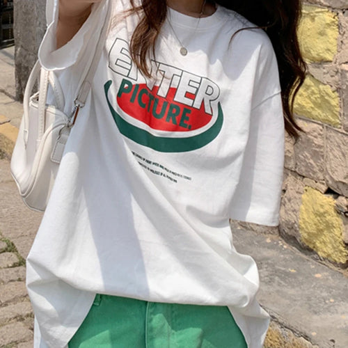 Load image into Gallery viewer, Korean Letter Print White T-shirt Female Harajuku Student Women Tops Summer Loose Casual Split Short-sleeved T shirt M-XL
