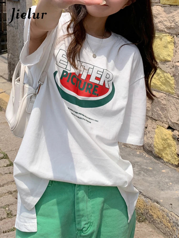 Korean Letter Print White T-shirt Female Harajuku Student Women Tops Summer Loose Casual Split Short-sleeved T shirt M-XL