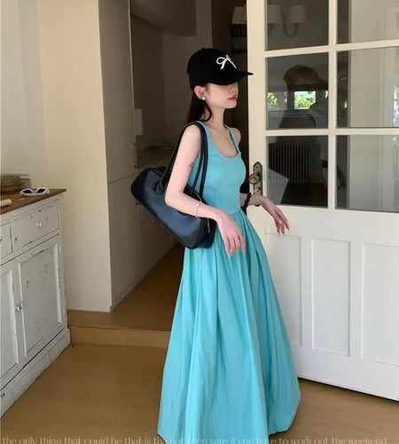 Korean Fashion 2024 Women's Blue High Waist Vacation Vest Long Dress Sleeveness O-neck Party Club Pleated Sundress Summer Simple