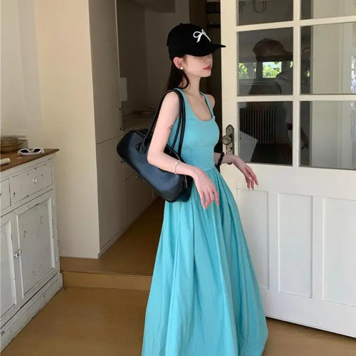 Load image into Gallery viewer, Korean Fashion 2024 Women's Blue High Waist Vacation Vest Long Dress Sleeveness O-neck Party Club Pleated Sundress Summer Simple
