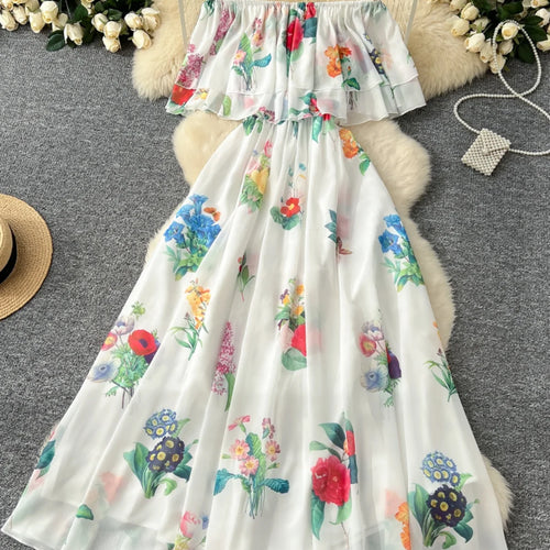 Load image into Gallery viewer, Women Black Flower Vacation Temperament Long Dress Summer White Print Off Shoulderslim High Waist Party Dress Popular Robe Boho
