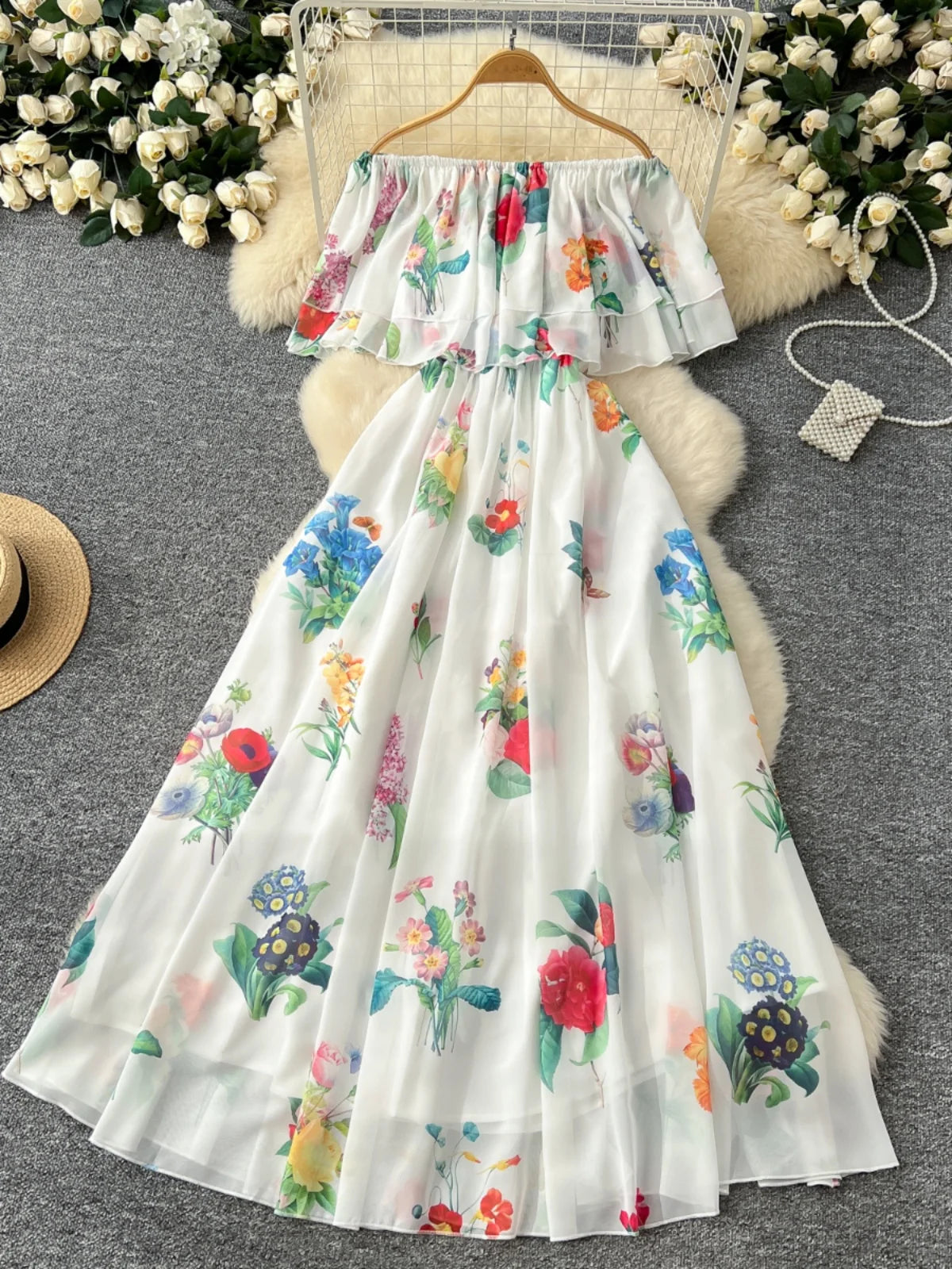 Women Black Flower Vacation Temperament Long Dress Summer White Print Off Shoulderslim High Waist Party Dress Popular Robe Boho