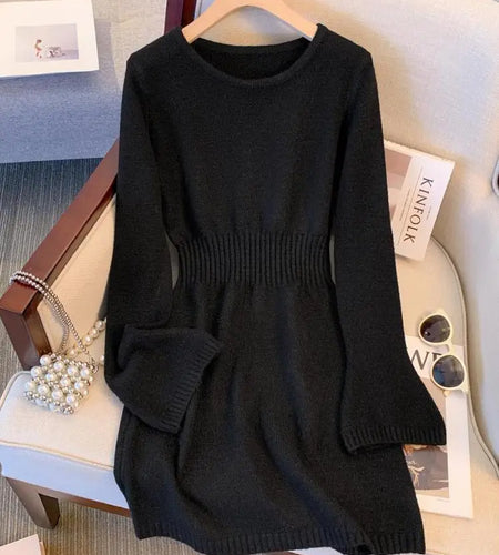 Autumn Winter Black Grey Elegant Round Neck High Waist Dress Women New Pink Long Sleeved Knitted Short Dress 2024 Korean Simple