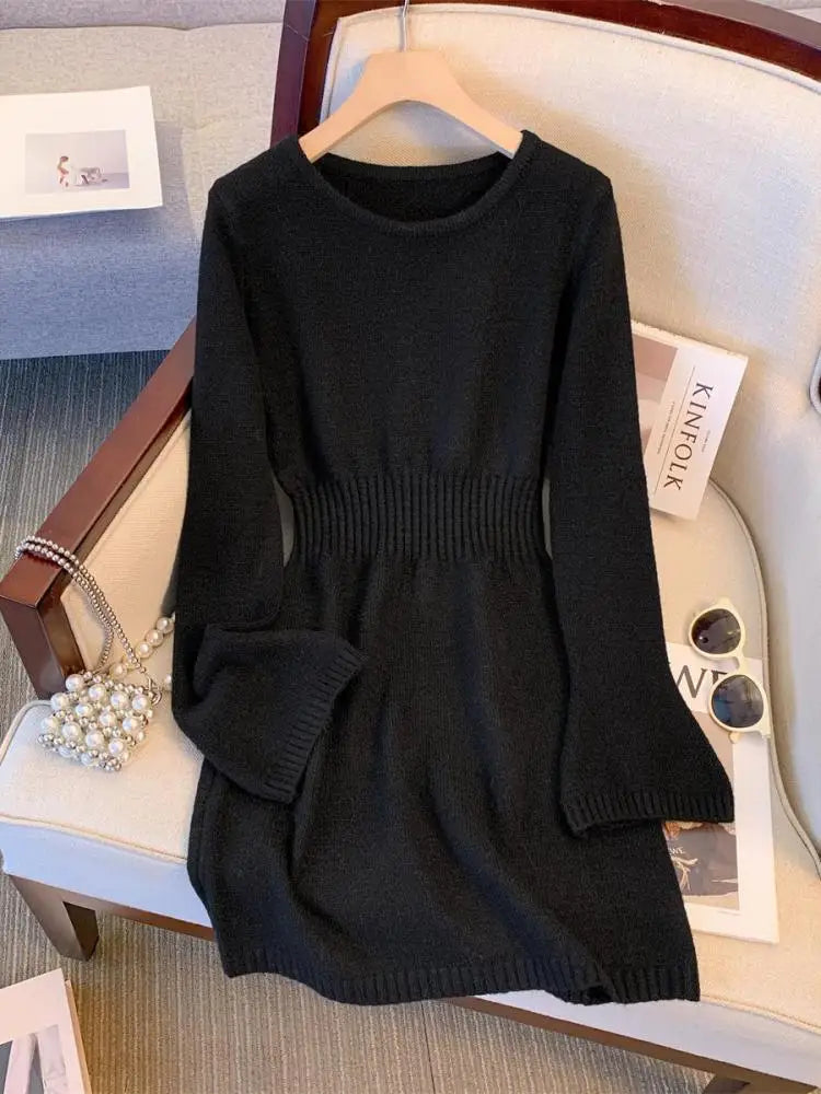 Autumn Winter Black Grey Elegant Round Neck High Waist Dress Women New Pink Long Sleeved Knitted Short Dress 2024 Korean Simple
