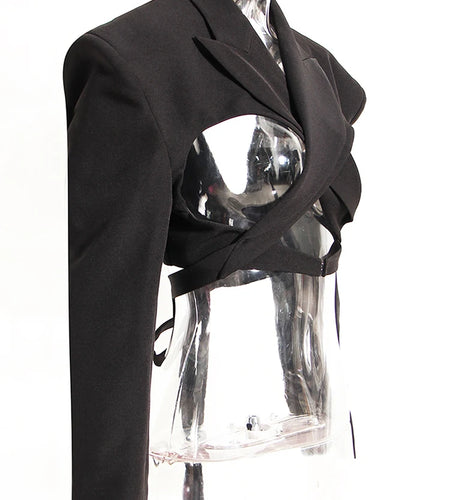 Women Black Hollow Out Bandage Short Blazer New Lapel Long Sleeve Loose Fit Jacket Fashion Tide Spring Autumn 2025 17A7374