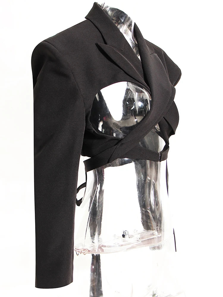 Women Black Hollow Out Bandage Short Blazer New Lapel Long Sleeve Loose Fit Jacket Fashion Tide Spring Autumn 2025 17A7374