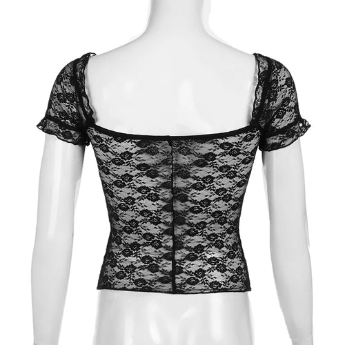 Load image into Gallery viewer, Fashion Square Neck Black Lace T-shirts Sexy Ruched Appliques See Through Crop Top Women Elegant Chic Shirts Summer
