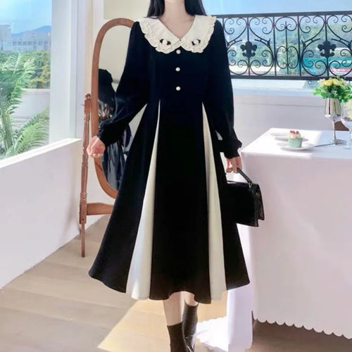 Load image into Gallery viewer, Autumn Black Kawaii Midi Dress Women 2023 Preppy Style School Student Peter Pan Collar Party Dresses Vintage
