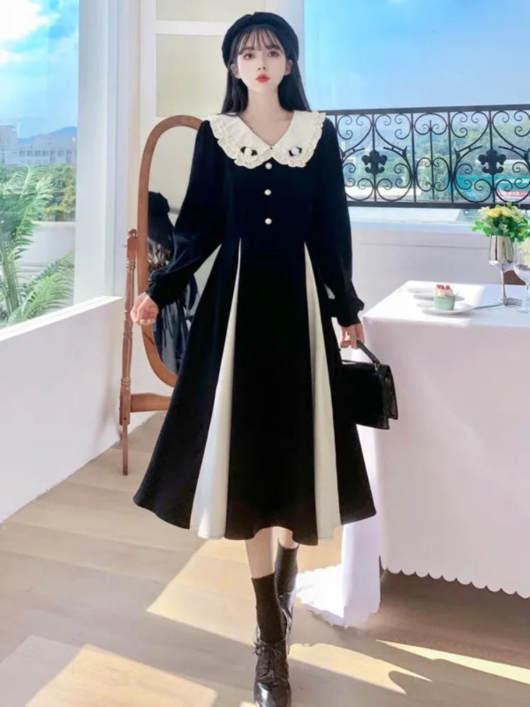 Autumn Black Kawaii Midi Dress Women 2023 Preppy Style School Student Peter Pan Collar Party Dresses Vintage