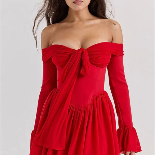 Load image into Gallery viewer, Elegant Strapless Backless Sexy Mini Dress For Women Red Off-shoulder Long Flare Sleeve Pleated Club Party Dress 2024
