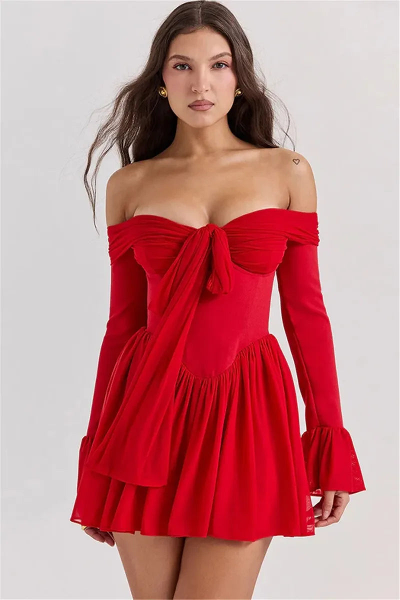 Elegant Strapless Backless Sexy Mini Dress For Women Red Off-shoulder Long Flare Sleeve Pleated Club Party Dress 2024