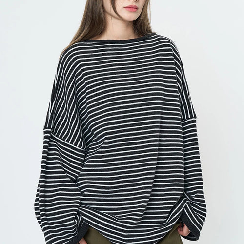 Load image into Gallery viewer, Women Blue Striped Shaped Big Size Knitting T-shirt New Round Neck Long Sleeve Fashion Tide Spring Autumn 2025 1DH9279
