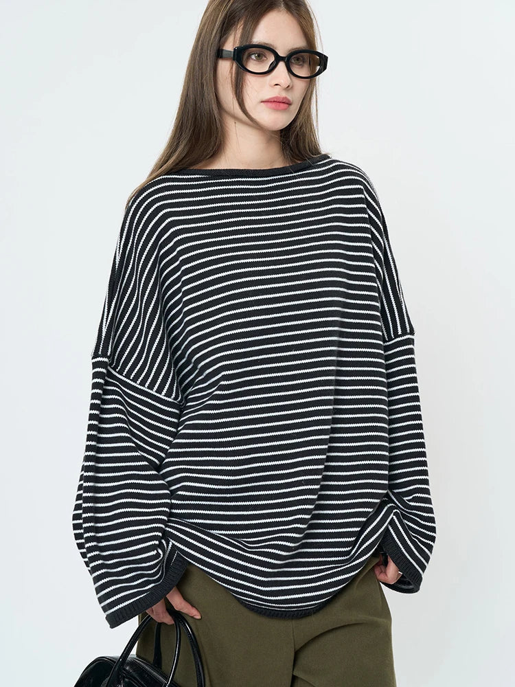 Women Blue Striped Shaped Big Size Knitting T-shirt New Round Neck Long Sleeve Fashion Tide Spring Autumn 2025 1DH9279