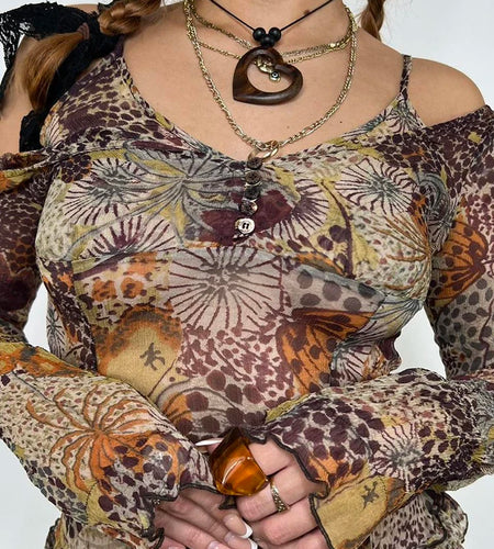 y2k Aesthetic Frill Open Shoulder Mesh Top Graphic Print Fairycore Summer T shirt Female Vintage Clothes Party Shirts