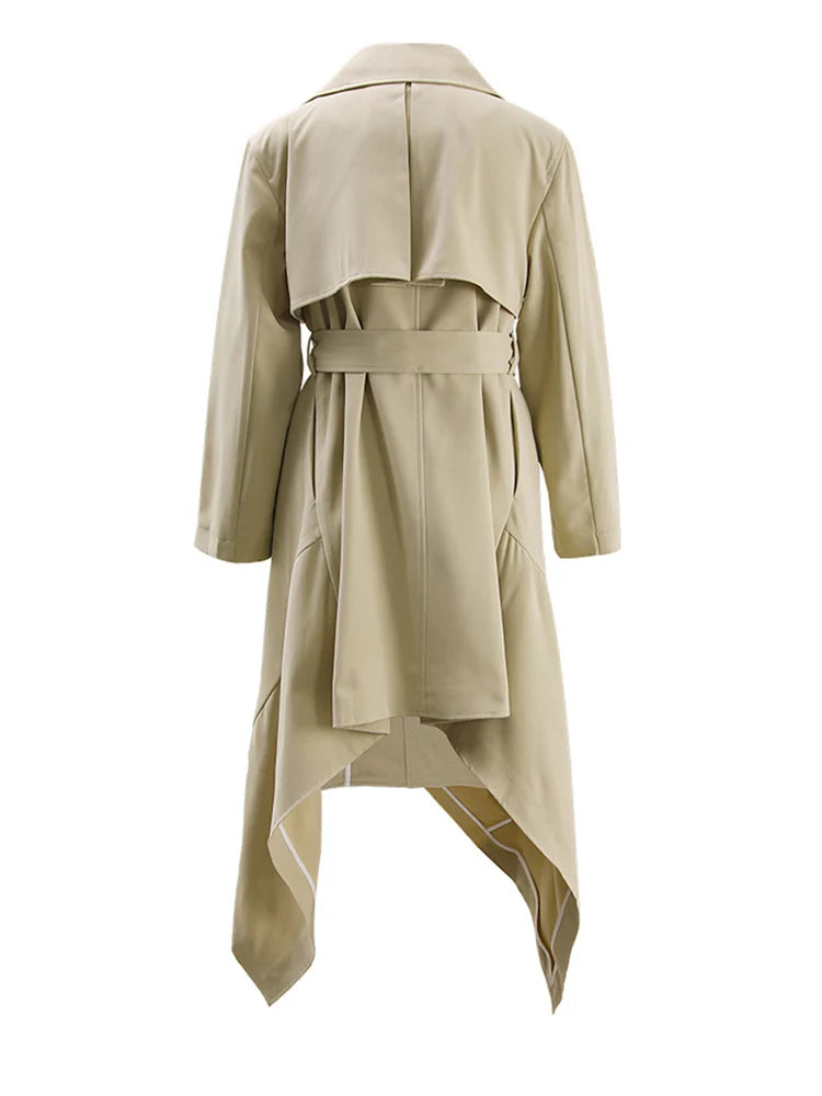 Women Khaki Irregular Hem Big Size Long Trench New Lapel Long Sleeve Windbreaker Fashion Tide Spring Autumn 2025 YX0378