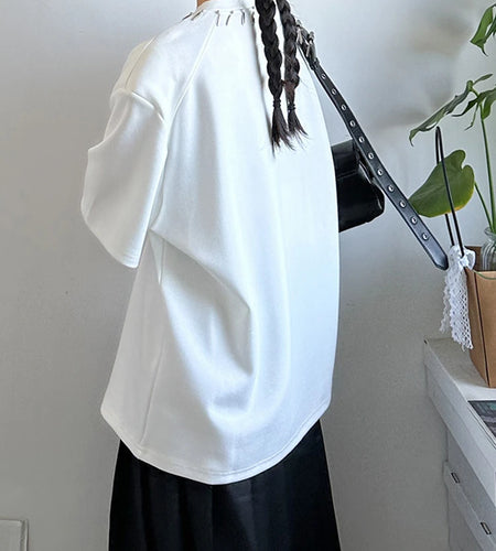 Women Black Metal Decoration Big Size Casual T-shirt New Round Neck Short Sleeve Fashion Tide Spring Summer 2025 1DJ1233