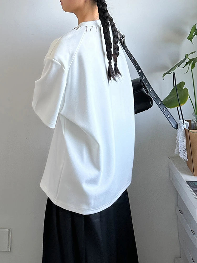 Women Black Metal Decoration Big Size Casual T-shirt New Round Neck Short Sleeve Fashion Tide Spring Summer 2025 1DJ1233