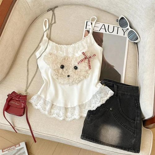 Load image into Gallery viewer, French Fashion Women Puppy Patchwork Lace Sleeveless Short Slip Top Summer Round Neck Backless Versatile Spaghetti Strap Tops

