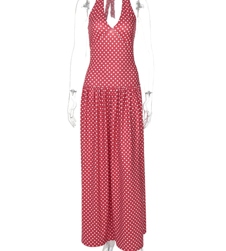 Halter Spot Print V Neck Backless Bandage Sexy Pleated Maxi Dress Summer Women Clothes Streetwear Beach Vacation