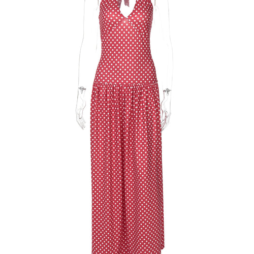 Load image into Gallery viewer, Halter Spot Print V Neck Backless Bandage Sexy Pleated Maxi Dress Summer Women Clothes Streetwear Beach Vacation
