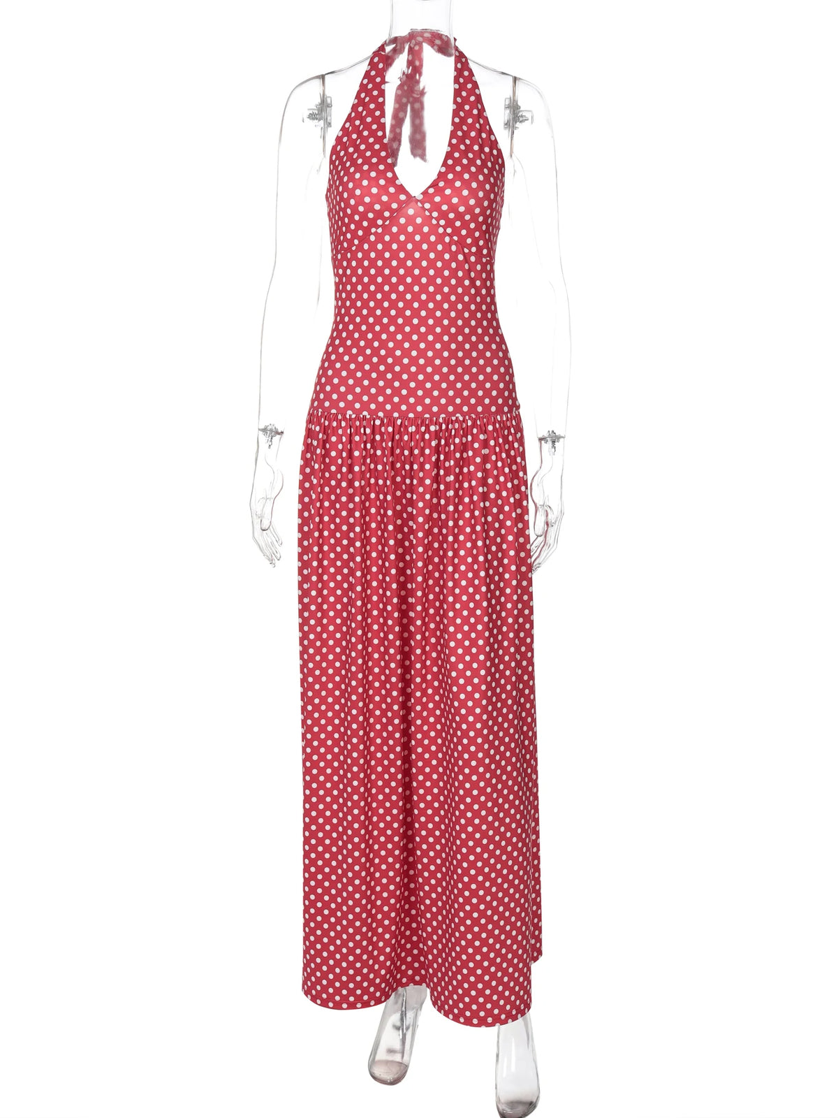 Halter Spot Print V Neck Backless Bandage Sexy Pleated Maxi Dress Summer Women Clothes Streetwear Beach Vacation