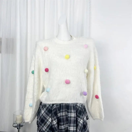 Load image into Gallery viewer, Autumn Winter White Mink Hairball Decoration Short Knitted Sweater Women Round Neck Vacation Long Sleeves Pullover Tops Street
