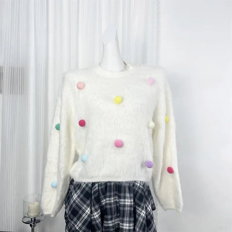 Autumn Winter White Mink Hairball Decoration Short Knitted Sweater Women Round Neck Vacation Long Sleeves Pullover Tops Street