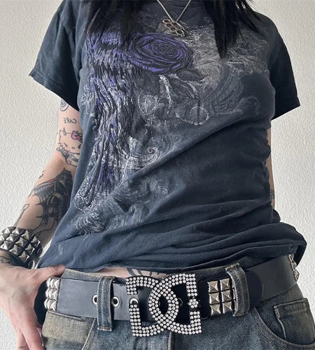y2k Gothic Tops Summer Women Grunge Floral Wings Print O Neck Short Sleeve T Shirts 2000s Aesthetic Clothes Streetwear