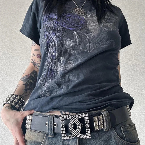 Load image into Gallery viewer, y2k Gothic Tops Summer Women Grunge Floral Wings Print O Neck Short Sleeve T Shirts 2000s Aesthetic Clothes Streetwear
