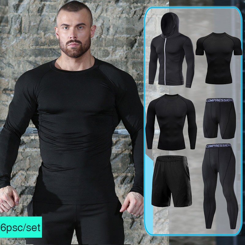 Gym Exercise Fitness Clothing for Men's Compression Sportswear Suits Black Running Tracksuit Set Jogging Training Tights Dry Fit