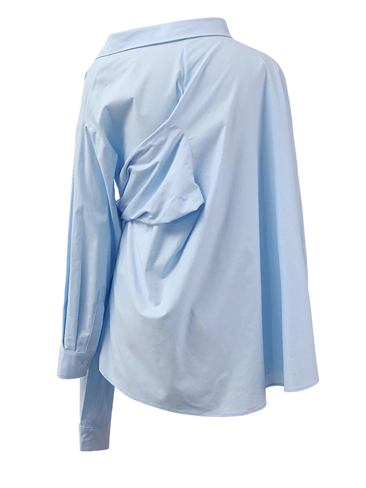 Women Blue Irregular Bandage Big Size Blouse New Skew Collar Long Sleeve Shirt Fashion Tide Spring Autumn 2025 CPDB112