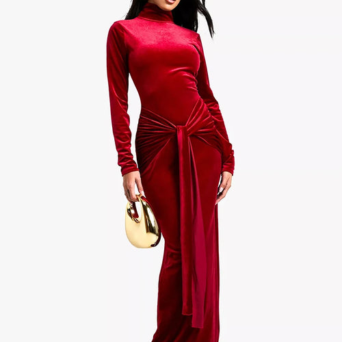 Load image into Gallery viewer, Velvet Long Sleeve Sexy Maxi Dress For Women Autumn Winter New Turtleneck Draped Ruched Bodycon Sexy Long Dress
