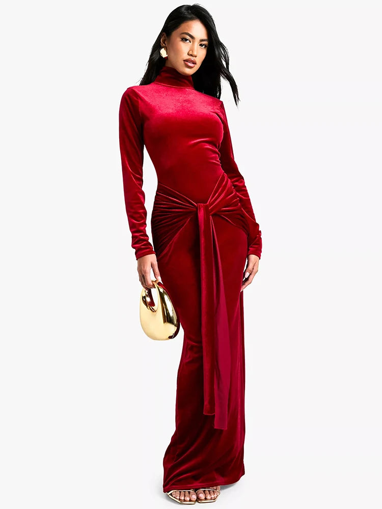 Velvet Long Sleeve Sexy Maxi Dress For Women Autumn Winter New Turtleneck Draped Ruched Bodycon Sexy Long Dress