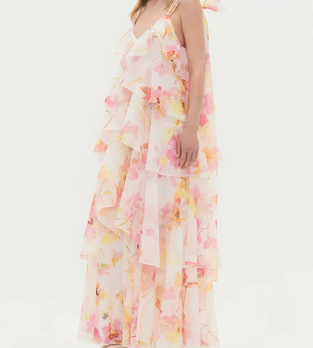 Printing Spliced Ruffles Folds Elegant Dresses for Women V Neck Sleeveless Patchwork Bowknot Dress Female Clothing