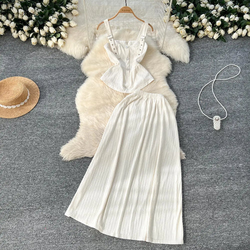 Load image into Gallery viewer, Summer Two Pieces Set Women Solid Sexy Club Elegant Button Backless Short Slip Tops And High Waist Pleated Long Skirt Suit Korea
