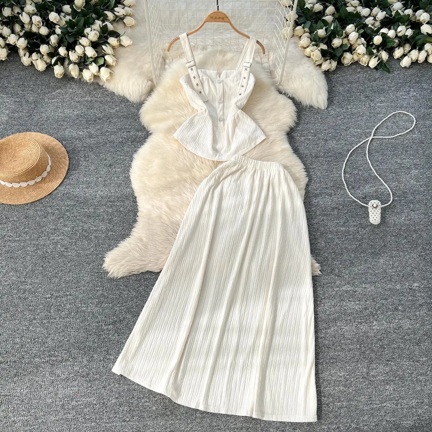 Summer Two Pieces Set Women Solid Sexy Club Elegant Button Backless Short Slip Tops And High Waist Pleated Long Skirt Suit Korea