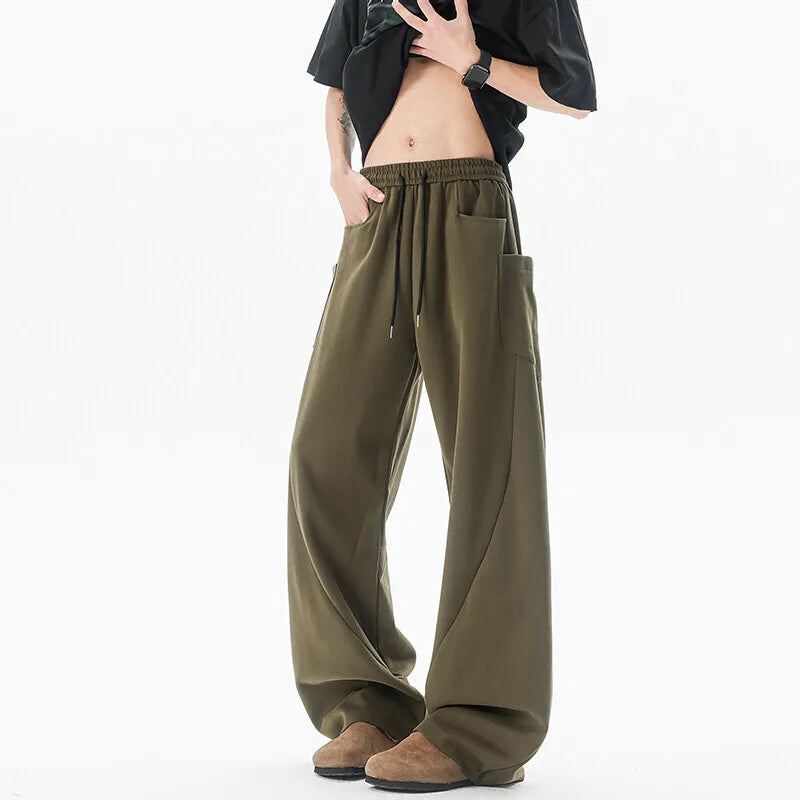 Summer Men's Sweatpants Straight Wide Leg Elastic Waist Style Fashion Solid Color Trousers Men Bottoms Pockets 9W1398