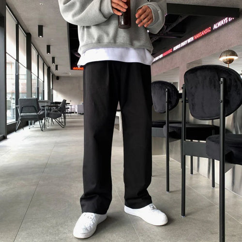 Load image into Gallery viewer, Korean Style Men&#39;s Casual Pants Solid Color Drawsting Elastic Waist Solid Color Trousers Straight Leg Male Bottom 9C9003
