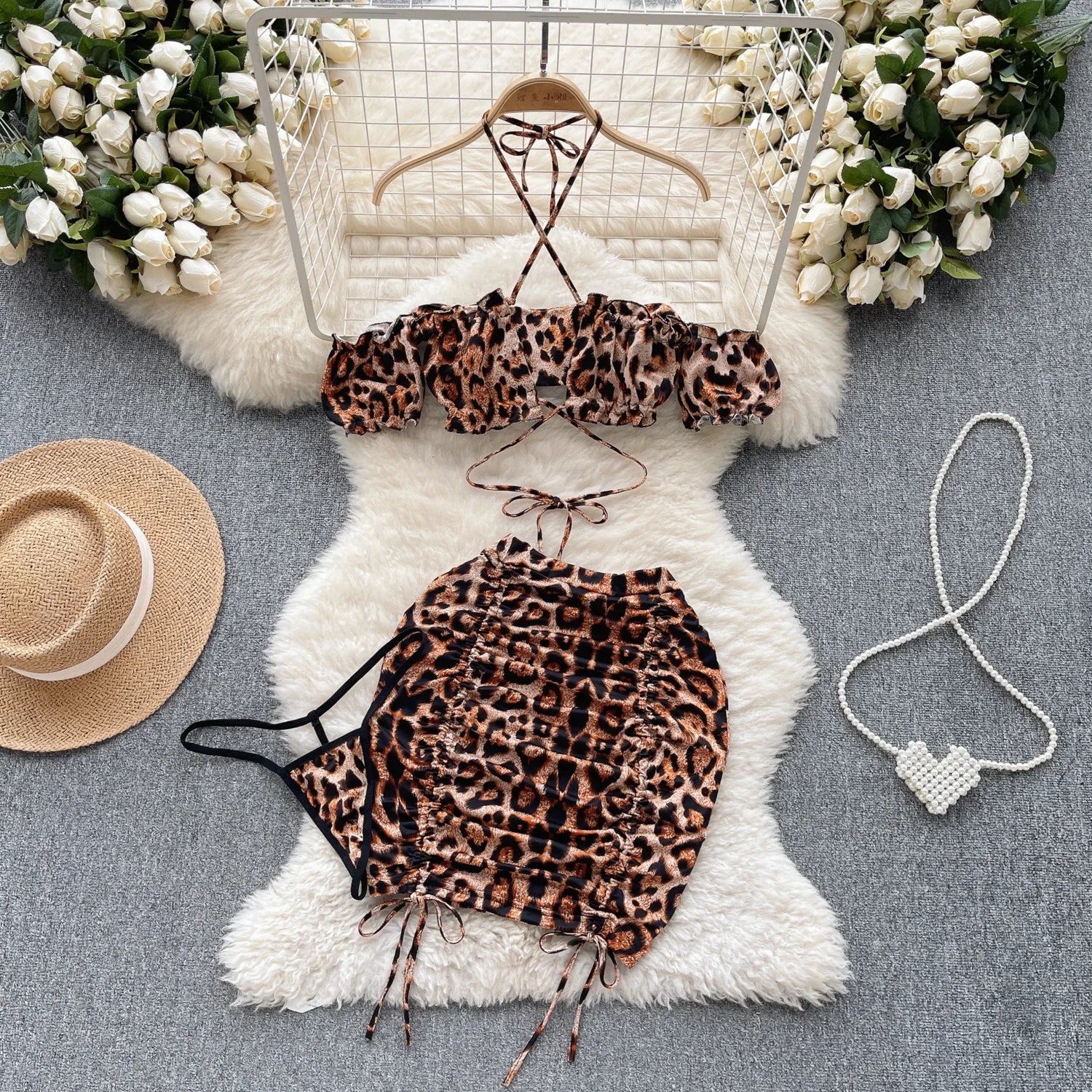 Leopard Print Erotic Three Pieces Sets Women Off the Shoulder Mini Top+Drawstring Short Skirts+Thongs Sexy Night Suits
