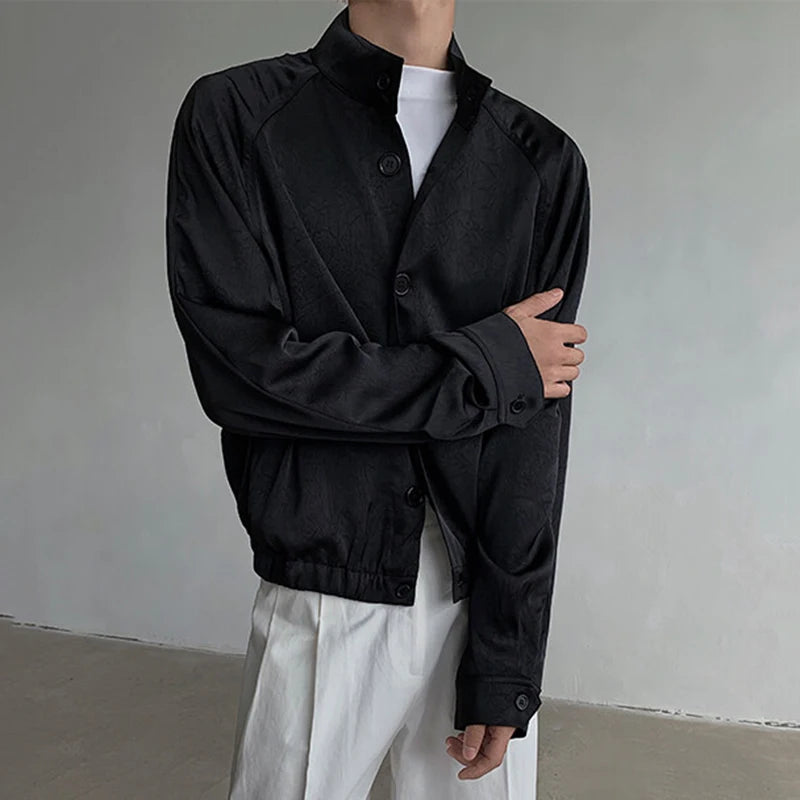 Korean New Chic Male Jacket Solid Color Stand Collar Single Breasted Jackets Elastic Hem Design Men Wear Spring 9W1341