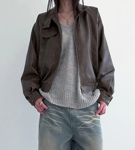 Grunge Fairycore Chic Leather Jacket Female Fashion Zipper Autumn Winter Distressed Coat Vintage Outwear PU Jackets