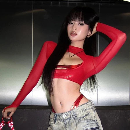 Load image into Gallery viewer, See Through Slim Women Hollow Out Harajuku T-shirt Sexy Y2k Aesthetic Mesh Harajuku Red Tshirts Streetwear Red Grunge Crop Tops
