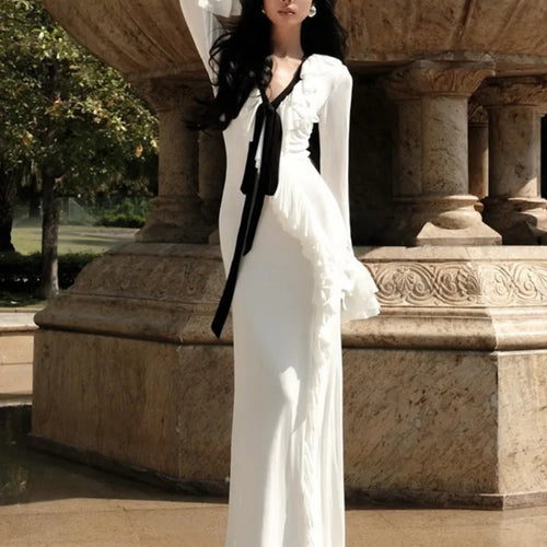 Load image into Gallery viewer, Elegant Long Sleeved Ruffled Slit Dress Women 2024 Winter Sexy V-neck Bodycon Party Evening Dress Holiday Beach Clothing
