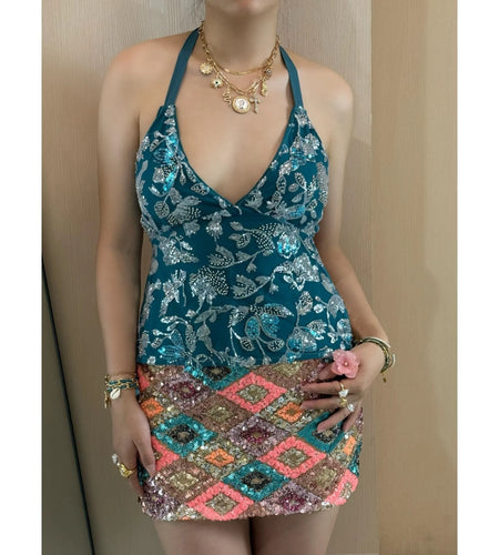 Sexy Sequin Floral Tanks y2k Women Glitter Embroidery Sleeveless Backless Crop Tops Vest 2000s Clothing Party Clubwear