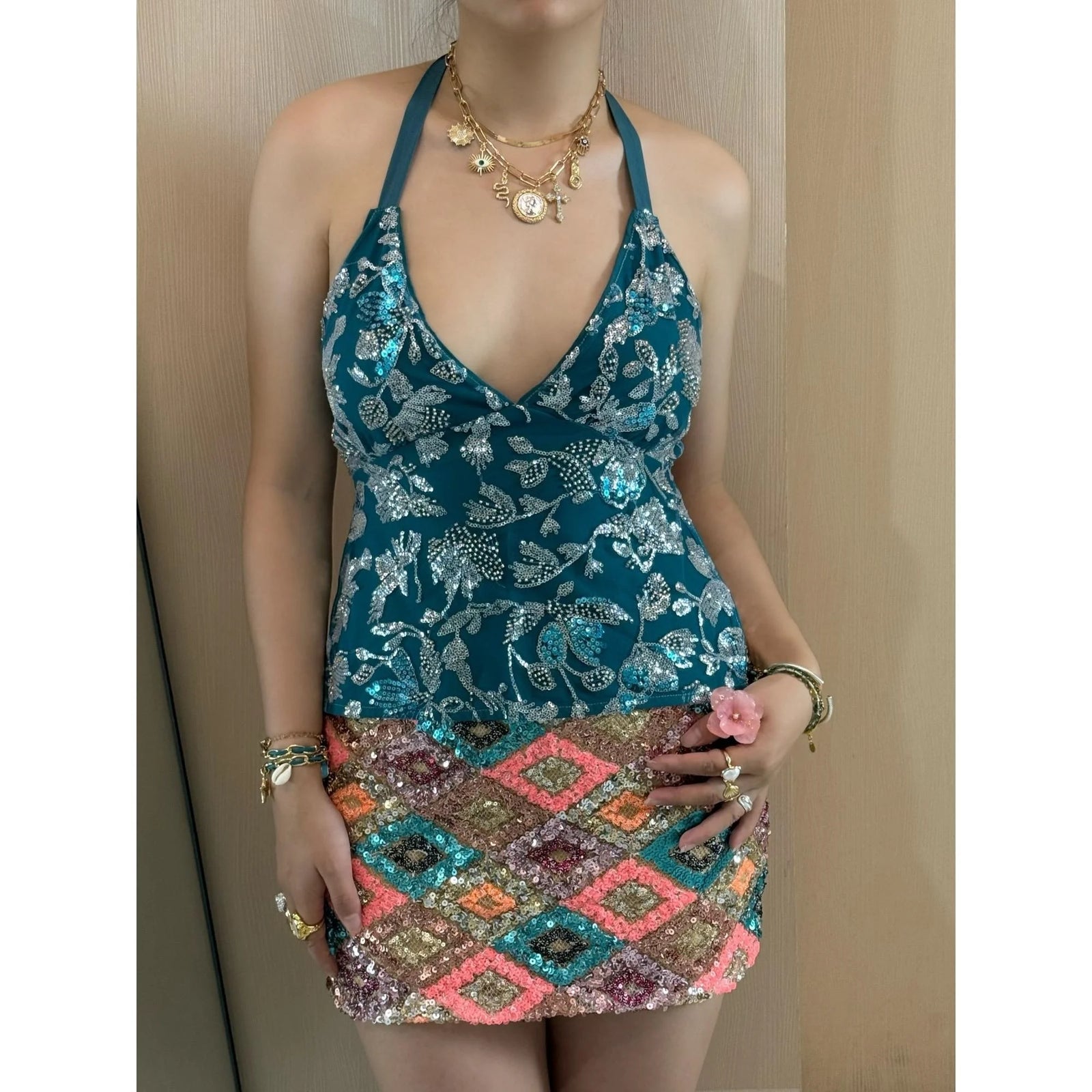 Sexy Sequin Floral Tanks y2k Women Glitter Embroidery Sleeveless Backless Crop Tops Vest 2000s Clothing Party Clubwear