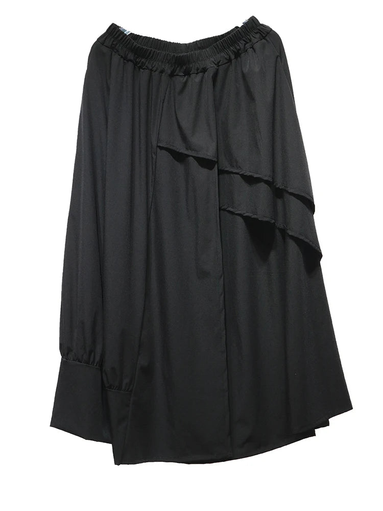 High Elastic Waist Black Irregular Ruffles Splice A-line Half-body Skirt Women Fashion Tide New Spring Autumn 2025 1DJ1375