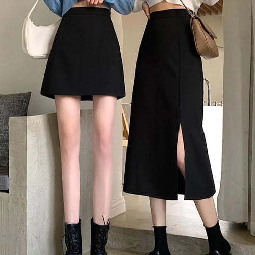 Load image into Gallery viewer, Black Skirts Women Mid-calf College A-line High Waist Korean Style OL All-match Friends  Streetwear Chic Female Bottom
